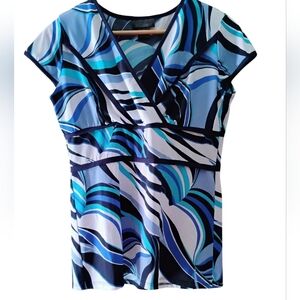 Travel Smith Blue Wrap Blouse with Ruche Waist and Cap Sleeves Sz SP